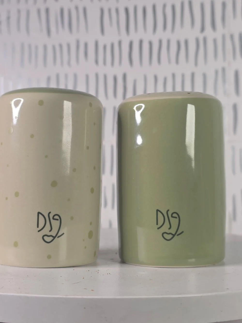 Salt and Pepper Shaker Set with DS2 Logo - Sage Green & Cream